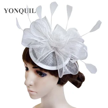 

white Feather sinamay knot bow linen Fascinator Hat Hairbands Women Cocktail hair clip Wedding Party Bridal Ladies Hair Headband
