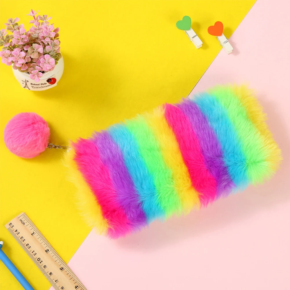 

Office Cute School Pencil Bag Rainbow Style Furry Zipper Plush Lightweight Stationery Portable With Pendant Large Capacity