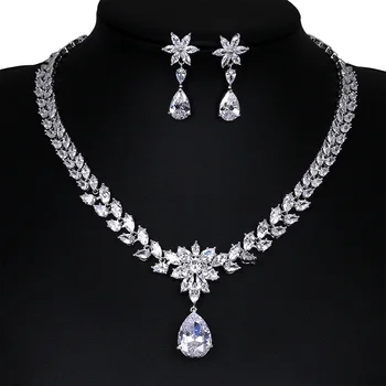 

WEIMANJINGDIAN Sparkling Cubic Zirconia Teardrop Necklace and Marquise Flower CZ Earring Wedding Set for Women Bride