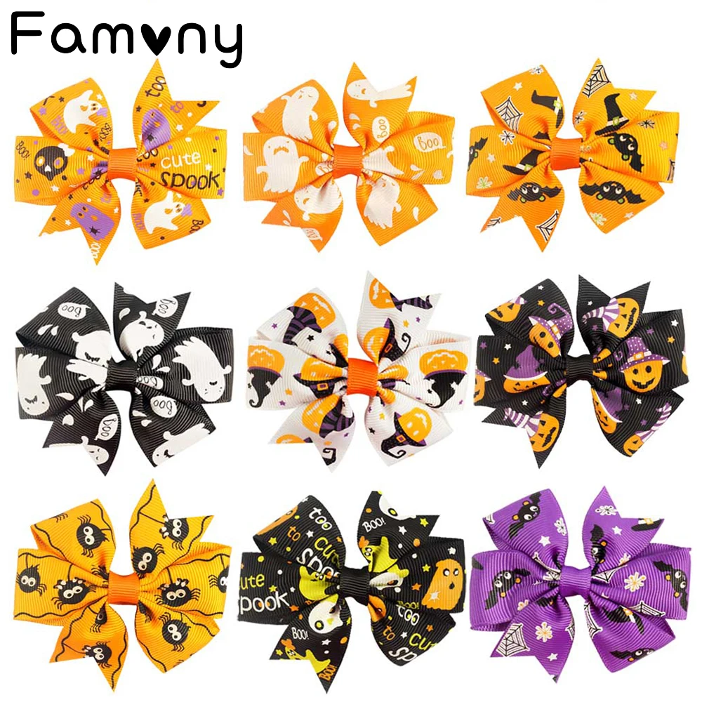 

4pc/lot Hot Sale 9 Colors 3" Halloween Hair Bow With Clips For Girls Pin Wheel Alligator Hair Bows Print Halloween Bow