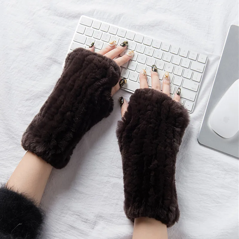 

Real Knitted Rabbit Leather Gloves Winter Fingerless Gloves Arm Gloves 2019 New 100% Natural Rabbit Leather Gloves