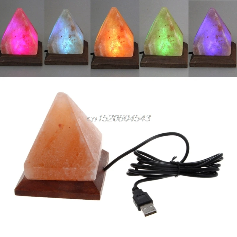 1PC Triangle Hand Carved USB Wooden Base Himalayan Crystal Rock Salt Lamp Air Purifier Night ...