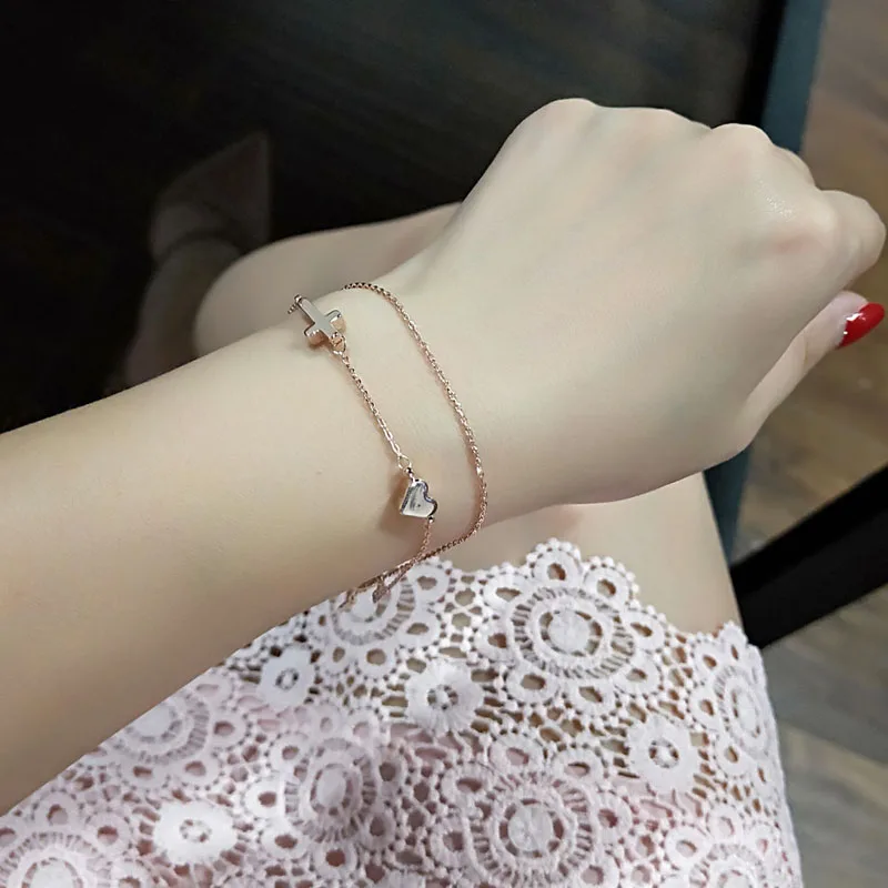 jade bangles SINLEERY korean fashion Charm Star Moon Cross Heart 2 Layers Bracelets For Women Rose Gold Color Bracelets on hand ZD1 SSP gold bangles for women