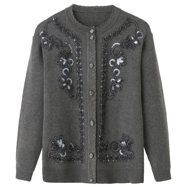 UHYTGF, весенне-осенняя куртка, вязаные свитера, женские рубашки, пальто, модный кардиган, плюс размер, вязаные топы, свободный свитер с вышивкой, 46 - Цвет: gray