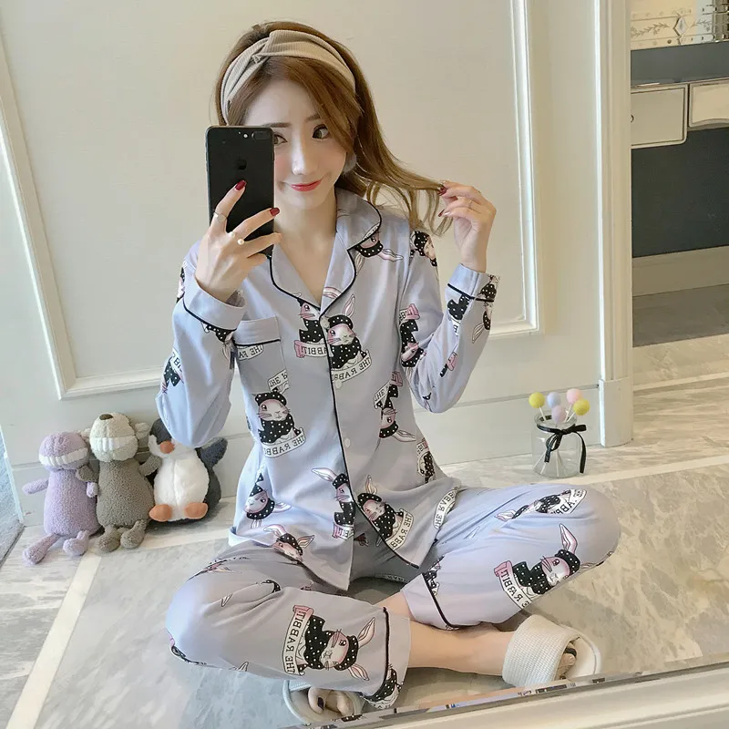 

2019 Spring Autumn Cute Cartoon Print Pajama Set for Women Long Sleeve Milk Silk Pyjama Sleepwear Pijama Mujer Homewear Clothing