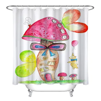 

72'' Teddy Bear With Red Balloon Flying To Mushroom House Bathroom Waterproof Fabric Shower Curtain 12 Hooks Bath Accessory Sets