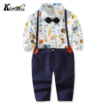 

Kimocat 2pcs Baby boy clothes set Spring and fall cartoon animal suspenders gentlemen's shirt black casual pantsuit