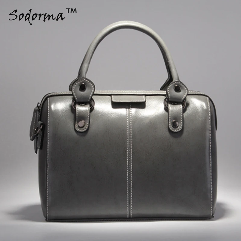 

2017 women's solid colors Genuine leather bag handbag bucket handbag shoulder bag Boston bag Tote zipper closure