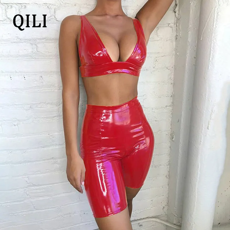 

QILI Women PU Leather Jumpsuit Rompers Sexy Two Piece Set Skinny Stretchy Romper Back Buckle Sleeveless Rompers Black Red Khaki