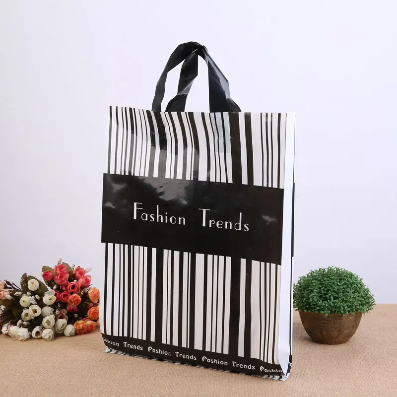 Black White Strip 35x40x7cm Plastic Shopping Bags For Clothes With