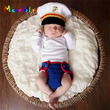 

Latest Crochet Newborn Boys Navy Costume Photo Prop Knitted Baby Hat and Diaper Set Photography Props Infant Photo Shoot Clothes