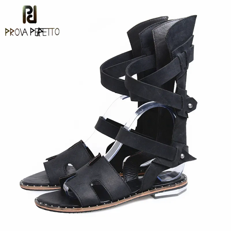 

Prova Perfetto New Arrival Mid High Hollow Out Rome Style Woman Sandals Open Toe Elastic Band Cross-tied Shoes