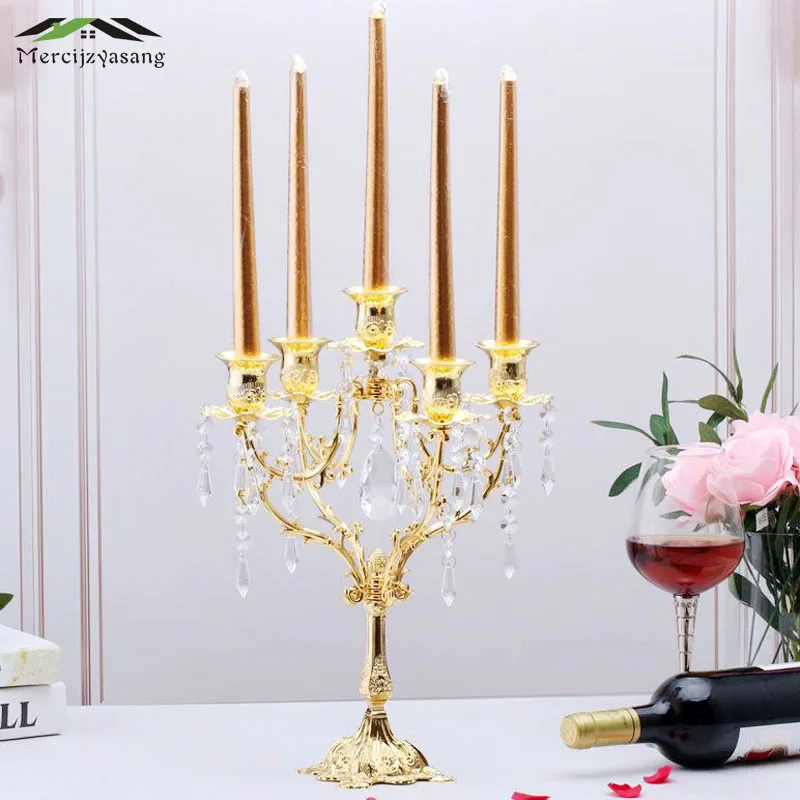 

2Pcs/Lot Metal Candle Holders Candlestick 5-arms Candle Holder Silver/Gold Pillar for Wedding Home Decoration Candelabra GZT060