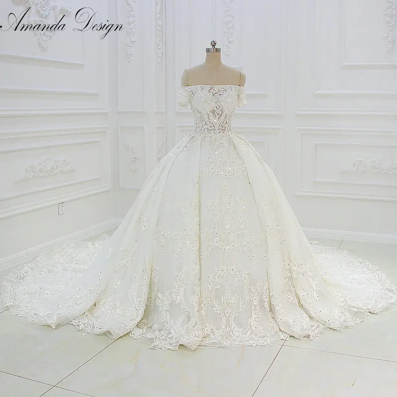 

Amanda Design vestidos novias boda Off Shoulder Short Sleeve Lace Appliqued See Through Wedding Dress