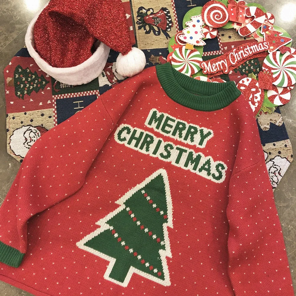

Autumn Winter Women Red Christmas Sweater Cute Christmas Tree Printed Knitted Sweaters Fashion Loose Jumpers Pullovers Sweaters
