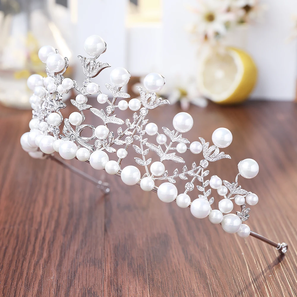 

New Full AAA CZ Paved Brides Tiara Crown Imitation Pearls Bridal Crown Women Wedding Hair Jewelry Accessories Headpiece Coronet