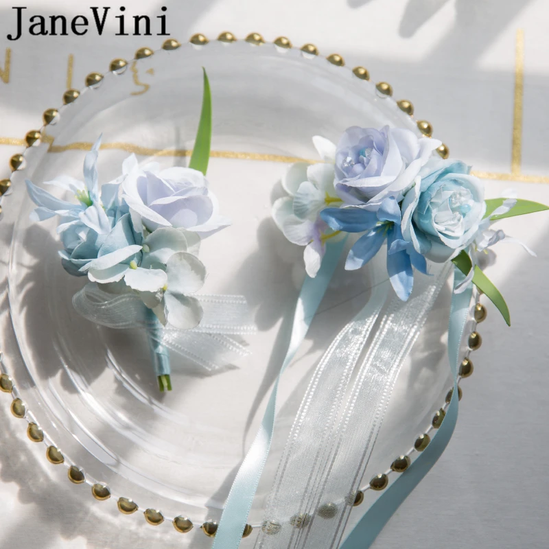 

JaneVini Elegant Boutonniere Wedding Groom Brooch Wrist Corsage Artificial Silk Flowers Bridesmaids Bracelet Pols Corsage Blue
