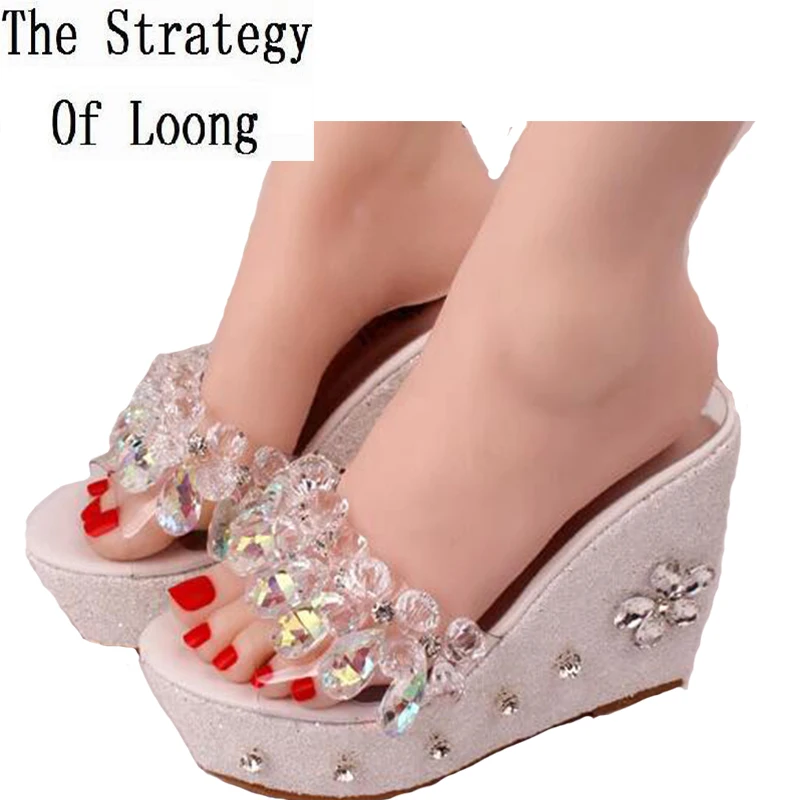 Plattform One white Neue Kristall Keile One Hausschuhe Four Sommer Unteren silver Four Two Frauen Die Hohe white Strass white One Pink Ferse Öffnen Sandalen Stroh pink Three Handarbeit Berg Kappe silver Two pink 2019 Three pink 8xdwB11