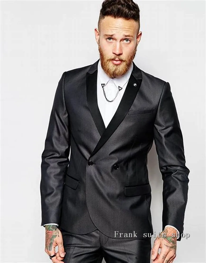 

2019 Double Breasted Latest Coat Pant Designs Suit Men Slim Fit Wedding Suits for Men Pure Black Light Grey Tuxedo Jacket+Pants