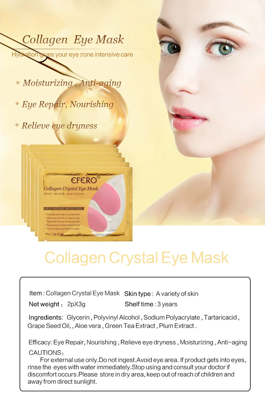 EFERO Face Cream with Snail Essence Deep Repair Serum+Collagen Anti Wrinkle Firming Eye Cream+5Pack Crystal Collagen Eye Mask