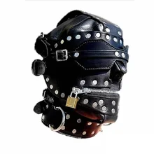 Курчавые металлические шпильки отделка Фетиш связывание Кожа Капюшон маска на голову молния полная голова жгут со съемной повязкой на глаза готический костюм