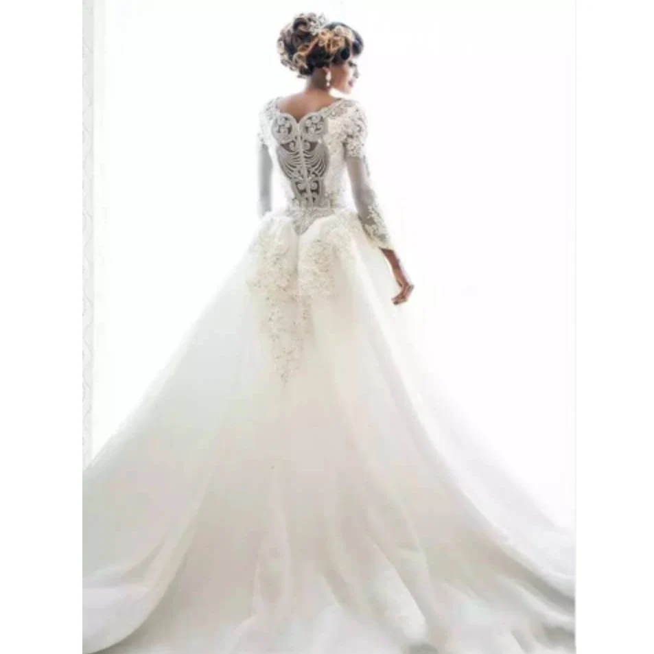 Роскошное Свадебное платье русалки со съемным шлейфом, с длинными рукавами, украшенное кристаллами и бисером, кружевные свадебные платья, vestido de noiva