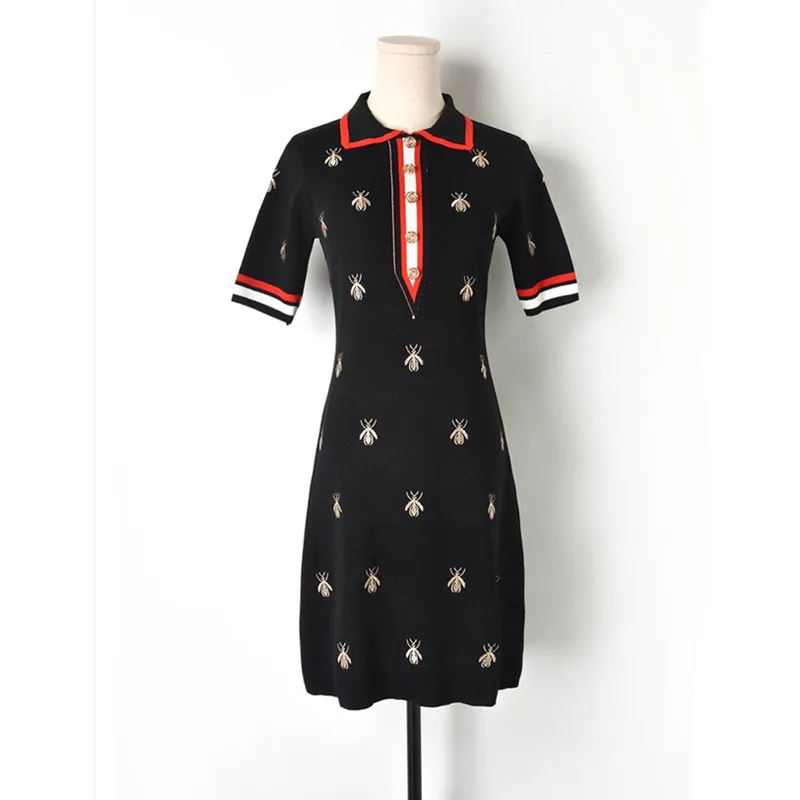 Luxury Designer Brand Dress for Women Turn-down Collar Embroidered Bee Knitted Dress Black White