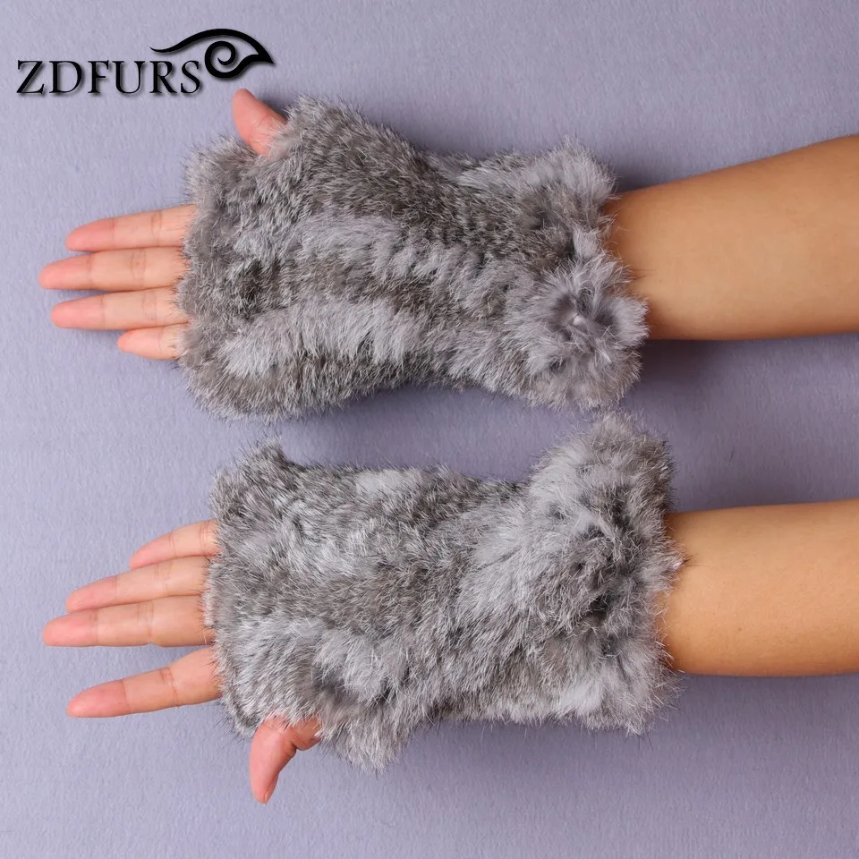 ZDFURS* новые женские настоящие Трикотажные кролика рекс мех зимние перчатки, варежки без пальцев рукав