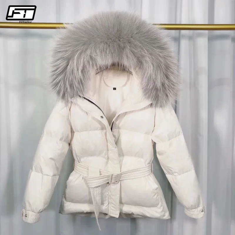 Fitaylor 2019 kobiet zimowe kurtki biała kaczka w dół duży naturalny szop futro hooded Parkas Slim ciepłe female płaszcz Snow Outwear -