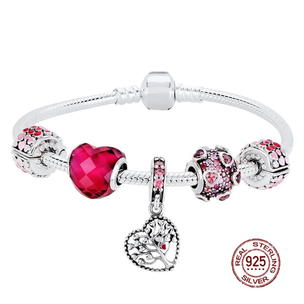 

NEW 2018 Valentine's Day New 925 Sterling Silver Bracelet Set Red Heart shaped Charm Bead for Women Fashion Bangle Jewelry