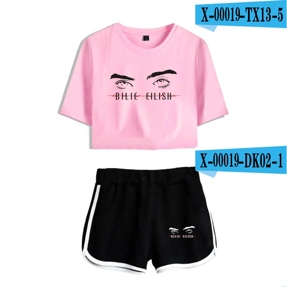 Billie Eilish Harajuku Modis, сексуальный комплект из двух предметов, Короткие топы с коротким рукавом и шорты со средней талией, костюмы для фитнеса, combinaison femme - Цвет: pink