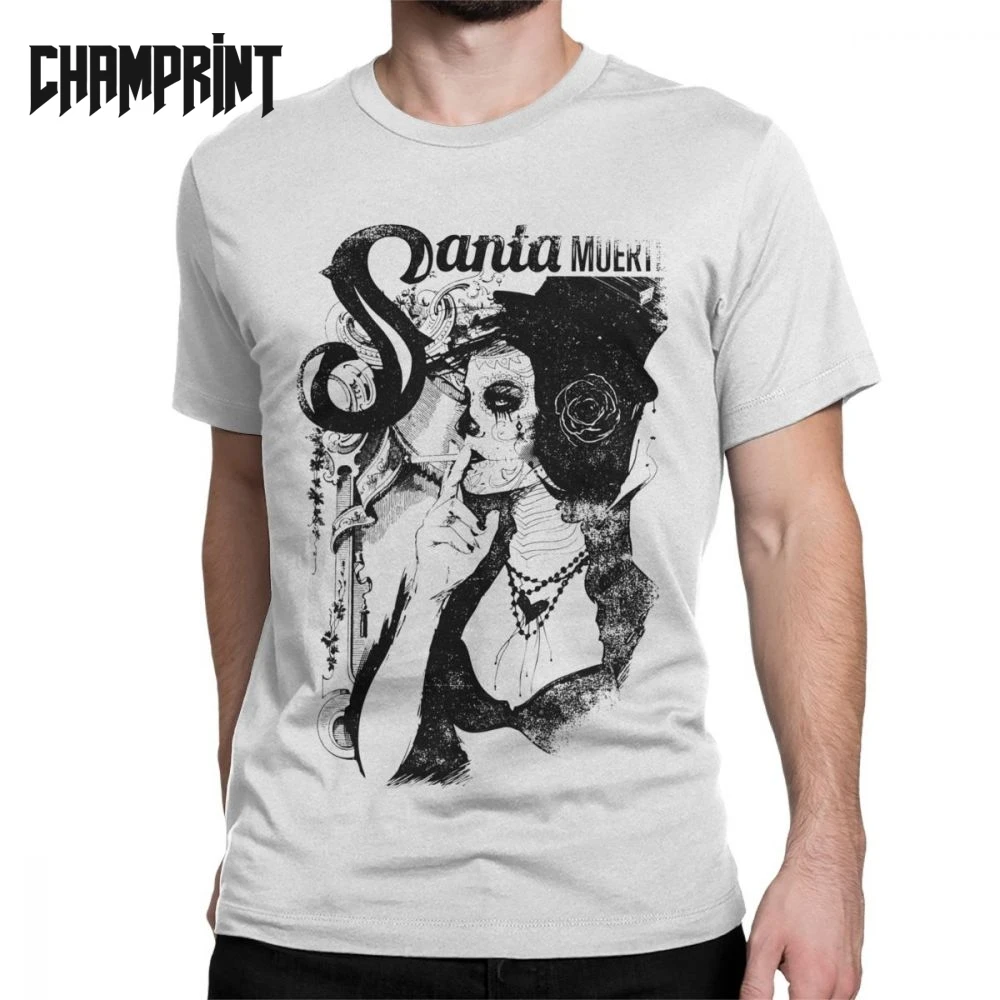 

Santa Muertos Sante Muerte T Shirts Men's Pure Cotton T-Shirts Saint Death Goth Mexican Skull Tee Shirt Short Sleeve Plus Size