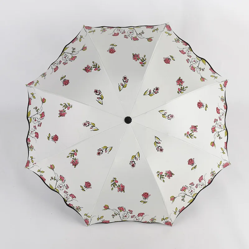 3 Folding Rose Umbrella Pure And Fresh Black Glue Parasol Creative