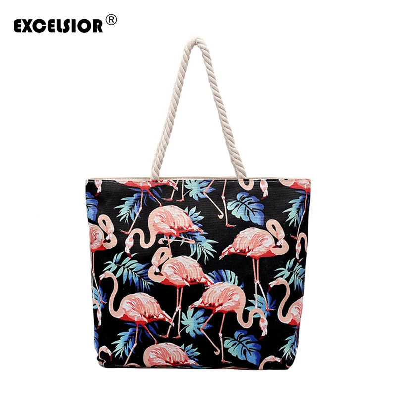

EXCELSIOR New Flamingo Women Handbag Beach Tote Large Capacity Canvas Female Bag Over Shoulder Bolsa Feminina Thick Rope Strape