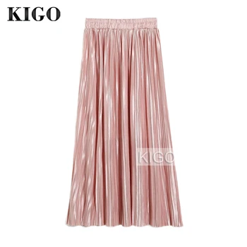 

KIGO Women Pleated Skirt Vintage Elastic Waist Pink Casual Skirt High Waist Elegant Midi Skirts For Women Jupe Tulle KQ1868H