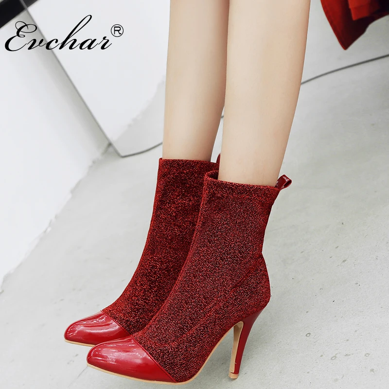 

EVCHAR New Autumn Winter Glitter Shoes Woman Chelsea Boots Sexy Pointed Toe 10cm Thin High Heels Ankle Boots Women size 32-48