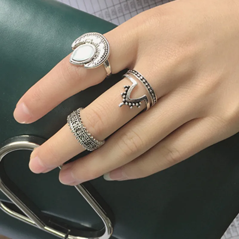 

Vintage Midi Knuckle Rings Set for Women Sliver Antique Hollow Crown Round Opal Stone Punk Style Rings 4 unids / set nj6