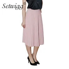 SETWIGG Spring Thick Chiffon Pleated Long Skirt Women Stretch Waist Grinding Pink Calf-length Pleated A-line Summer Skirt SG019