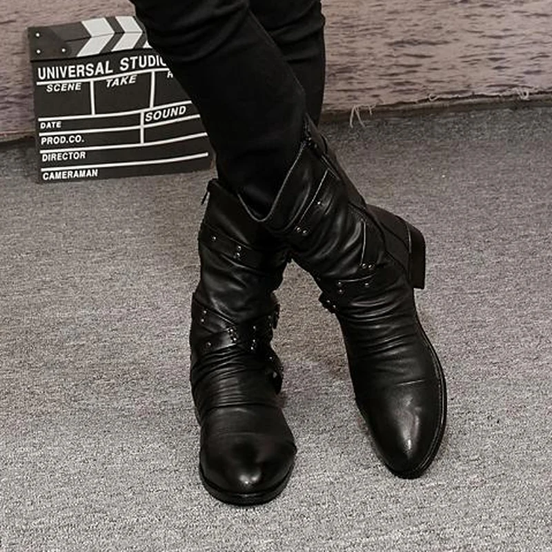 Tangnest/ г. Мужские ботинки мужская обувь из искусственной кожи с заклепками ботинки до середины икры мужские ботинки на низком каблуке размеры 37-44, XMX502