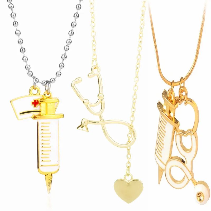 

Doctor Medical Tools Stethoscope Syringe Necklace Men Women's Choker Jewelry Charm Pendant Necklaces