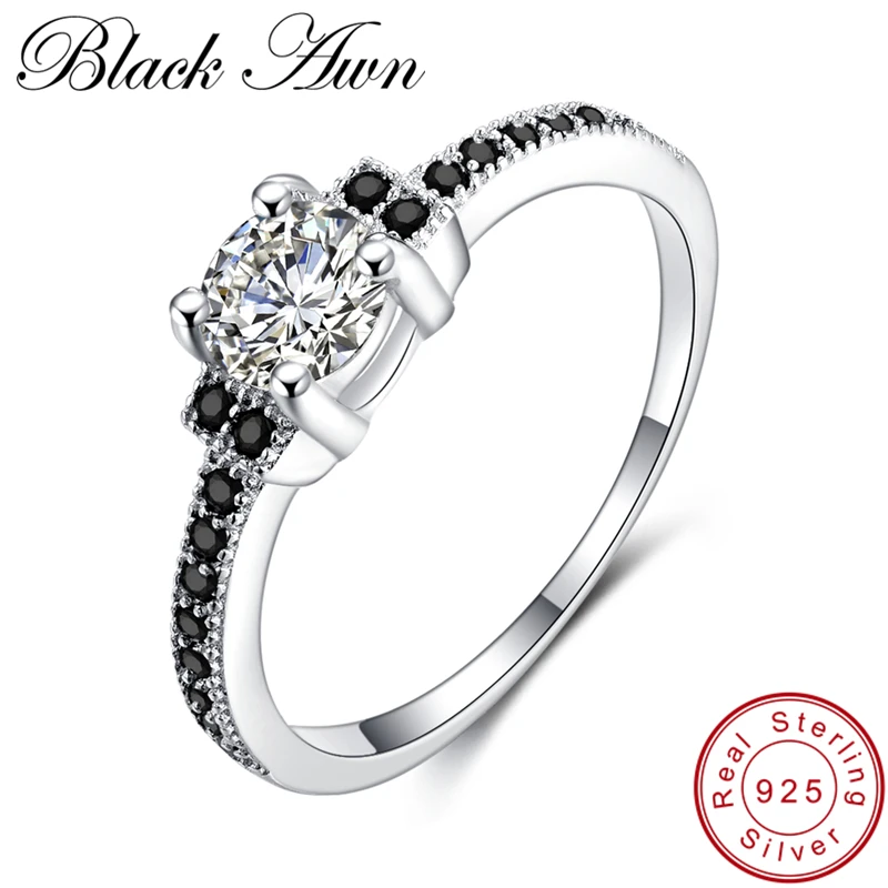 

[BLACK AWN] 1.8g 925 Sterling Silver Jewelry Row Black Spinel Personalized Wedding Rings for Women Bijoux Bague Girls Gift C284