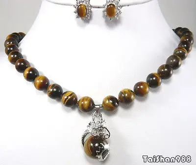 

VC577 KI00 Hot sale Free Shipping>> Natural Tigereye Tiger's Eye Opal 18KWGP Dragon Pendant Necklace Earrings Set