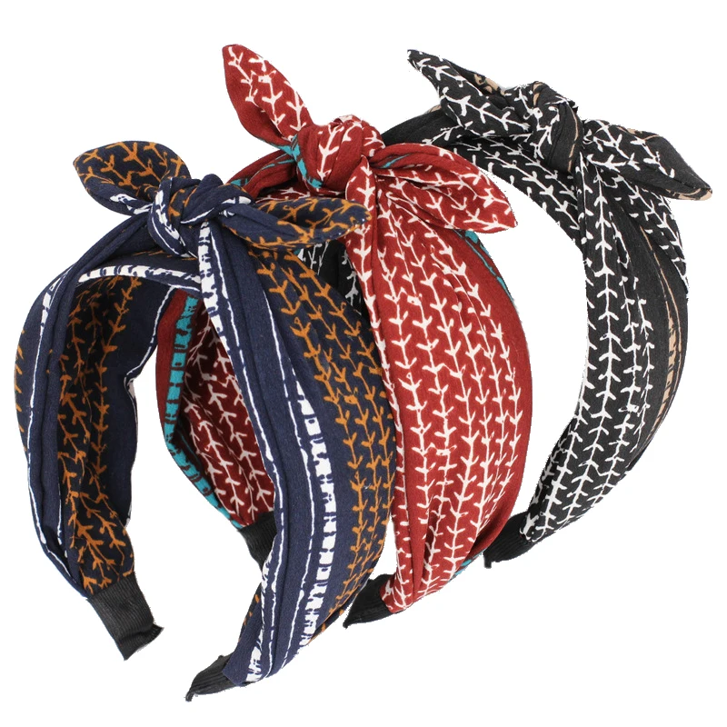 

New Rabbit Ear Headband Accessories for Women Girls Patchwork Red Black Striped Hair Band Bow Knotted Wide-brimmed Headweaps