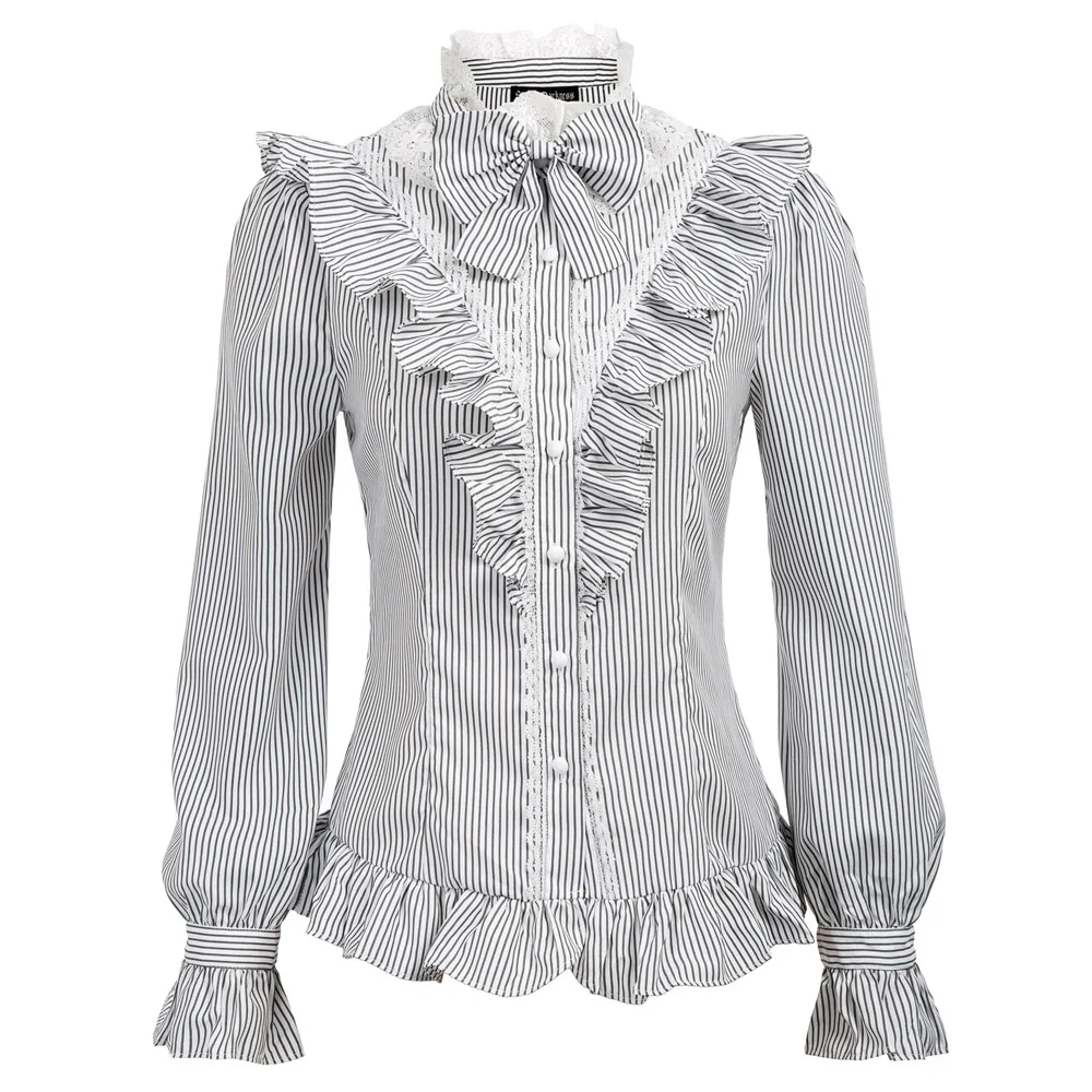 

gothic party shirt Women tops Renaissance Pinstripe Long Sleeve Stand Collar Ruffled bowknot Shirt steampunk vintage shirts Tops