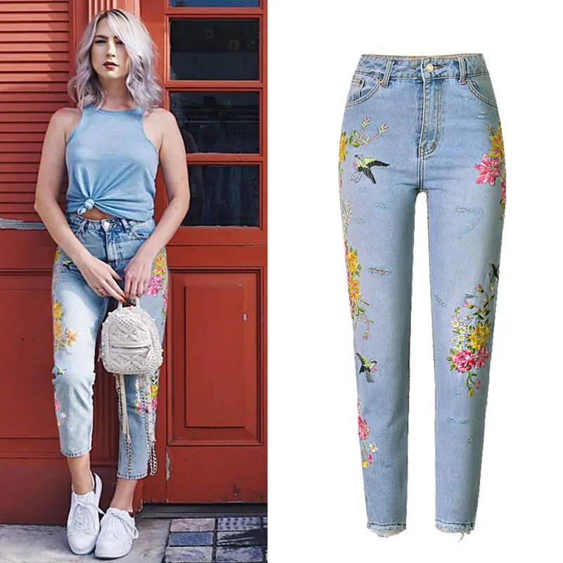 Женские рваные джинсы с цветочной вышивкой высокой талией на осень 2019|women jeans