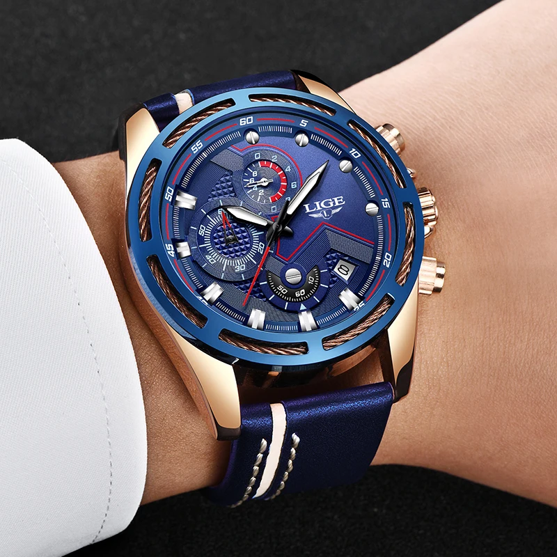 2019 LIGE New Luxury Brand Analog Leather Sport Watches Men's Military Waterproof Watch Male Date Q