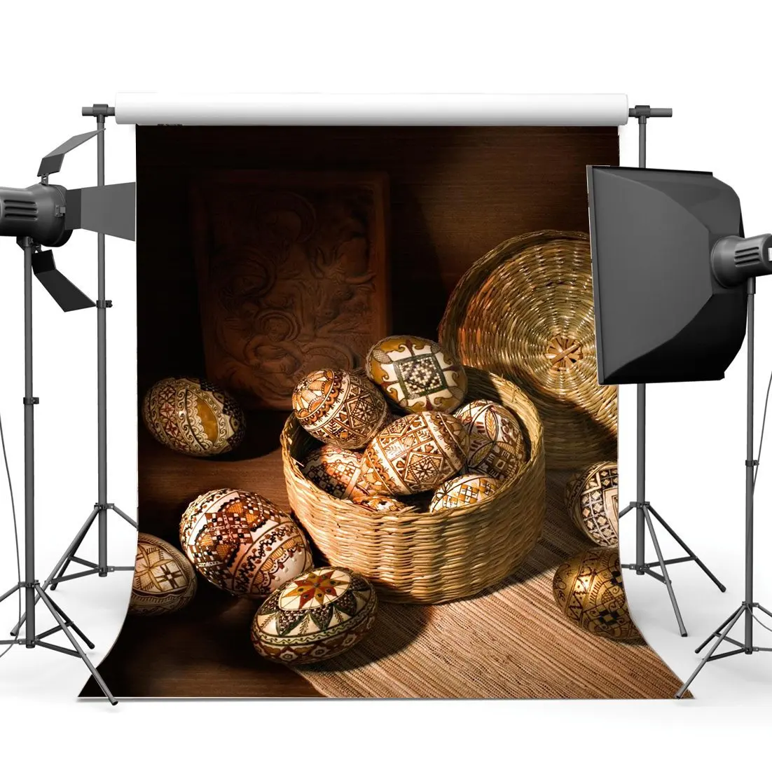 

Happy Easter Eggs Backdrop Gloomy Straw Hat Basket Carving Frame Old Barn Interior Spring Frohe Ostern Photography Background