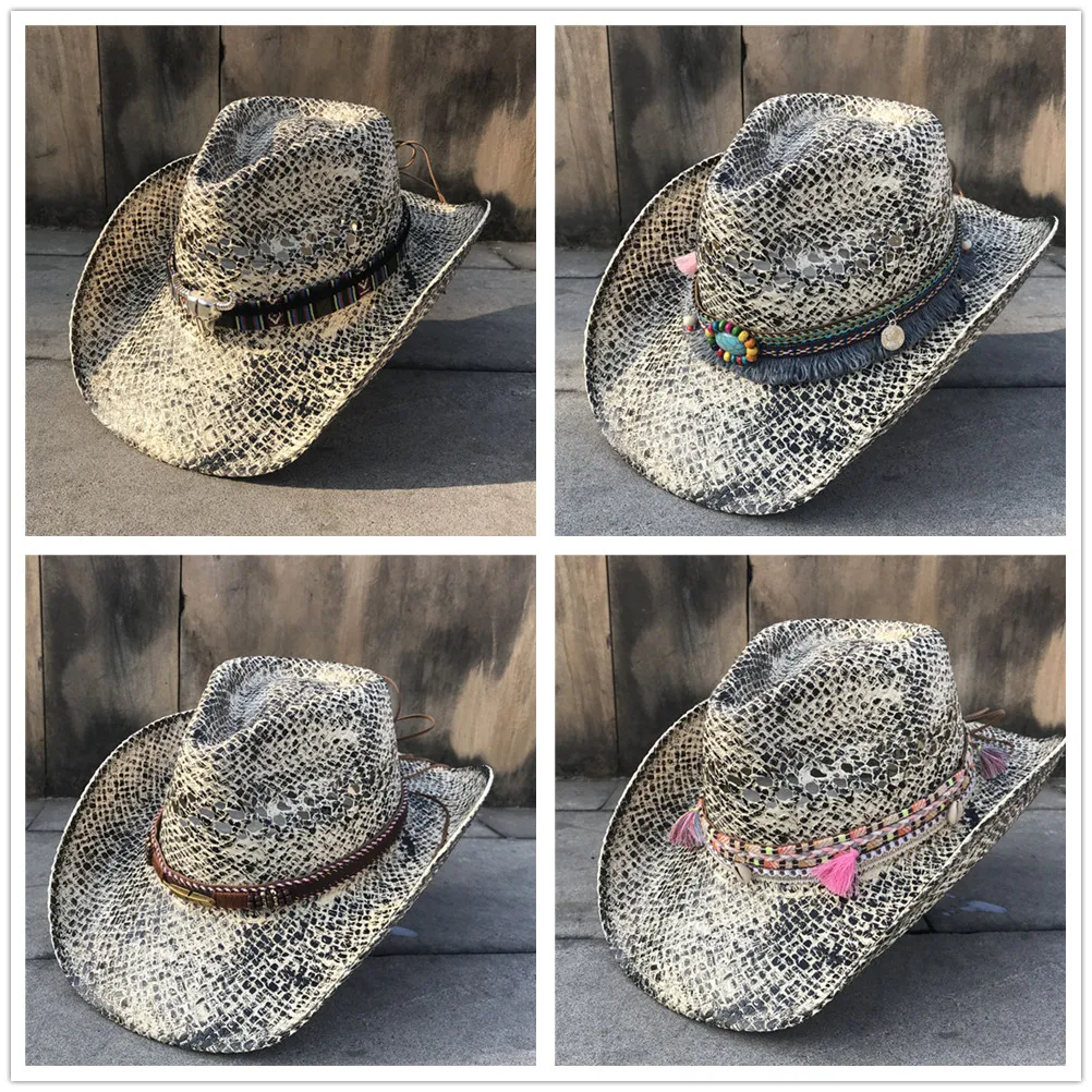 Женская соломенная шляпа Sombrero Hombre ковбойская в ковбойском стиле с отверстиями