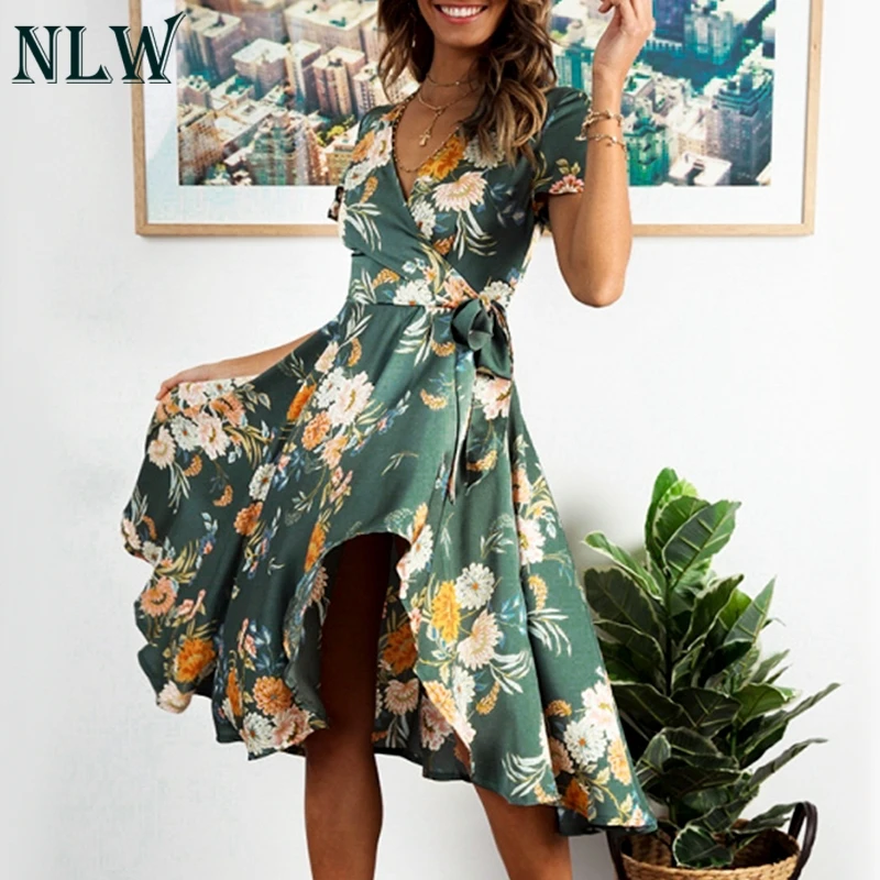 NLW женское элегантное зеленое платье с цветочным принтом Vestido Body wrap Пляжное
