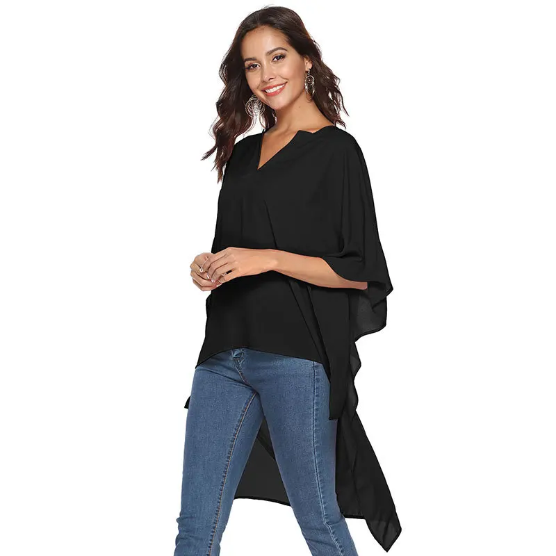 2019 الصيف جديد الملابس النسائية طويل عباءة قميص أزياء الخامس الرقبة الجبهة قصيرة وطويلة الخلفي فضفاض الخفافيش كم الشيفون قميص